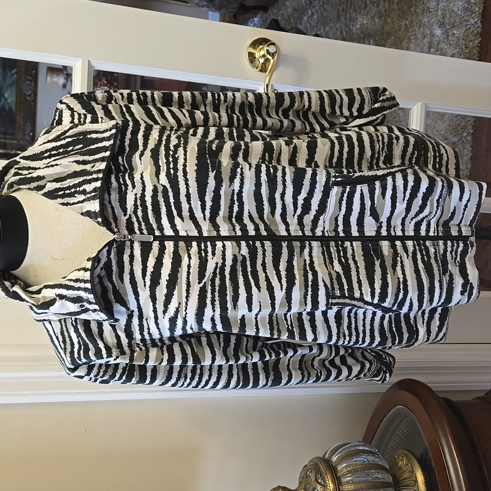 Kim Rogers Black Taupe White Animal Print 3/4 Sleeve Zip Front Jacket 2 Pocket L